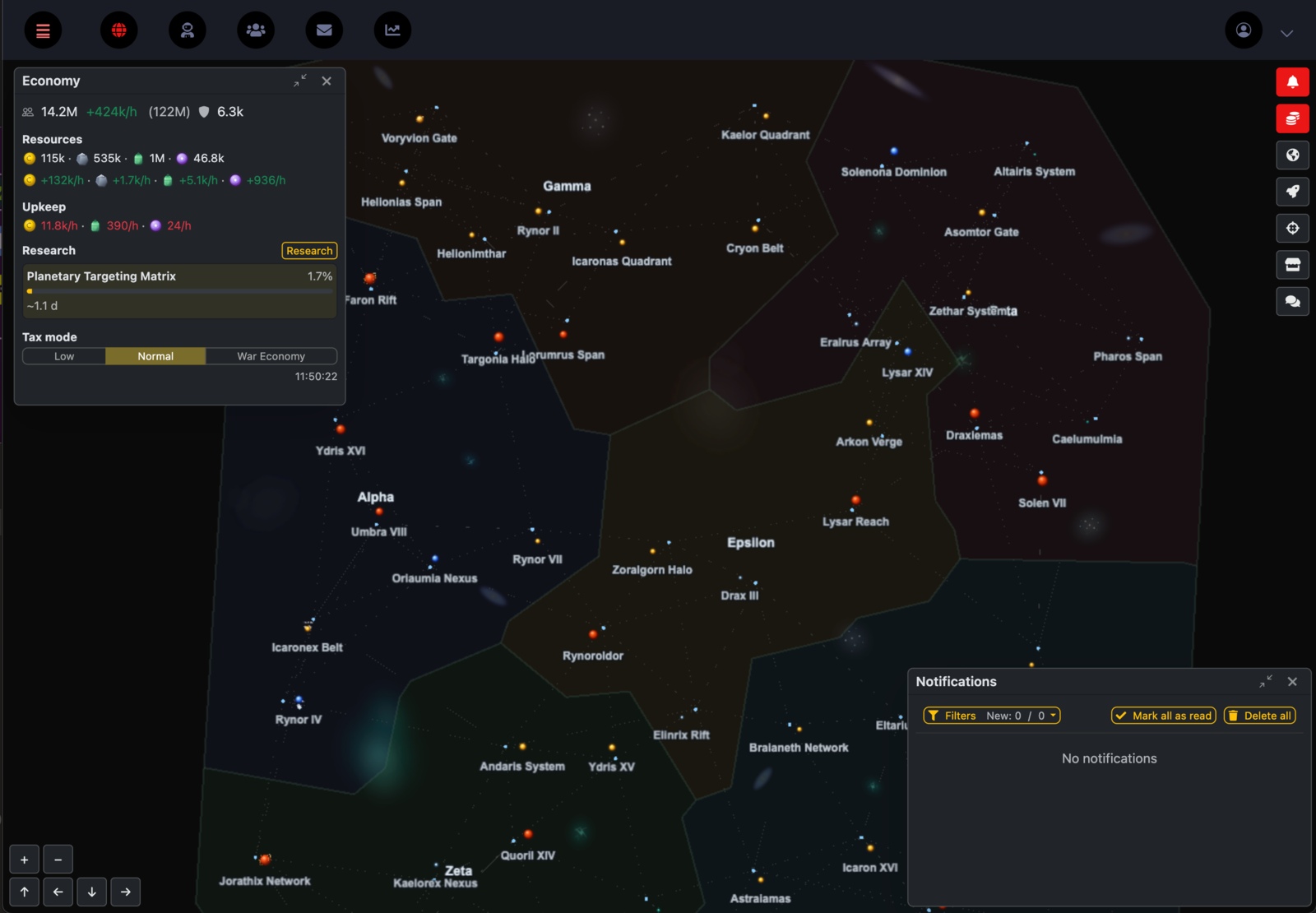 Mapa galaxie Warpfall s územími hráčů a hvězdnými systémy